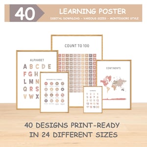 Set Of Educational Posters, 40 Home School Printables, Montessori Classroom Decor, Earth Tones Kids, Learning Poster Set, Kids Education Set