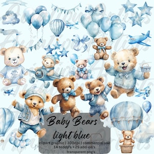 Aquarel teddybeer clipart, teddybeer png, baby shower jongen aquarel baby shower clipart, vintage teddybeer, blauwe teddybeer clipart