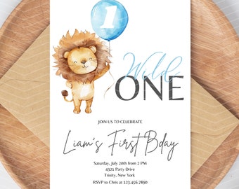 Lion 1st Birthday Invite, Wild One Birthday Invitation, Wild One Invitation Printable, 1st Birthday Boy, Invitation Lion Blue Balloon EDIT