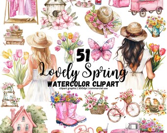 Watercolor Spring Clipart, Cottagecore Clipart, Spring Floral Clipart, Countryside Clipart, Spring PNG, Tulips, Floral Truck, Pink Clipart