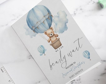 Watercolor minimalistic Blue Hot Air Balloon Boho Blue Bear We Can Bearly Wait Baby Shower Welcome Sign Decor Template Invitation Card