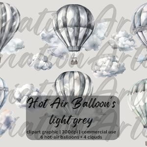 Watercolor hot air balloons clipart, it&#39;s a boy png, Balloons nursery decor, baby shower, nursery wall decor, baby boy grey digital download