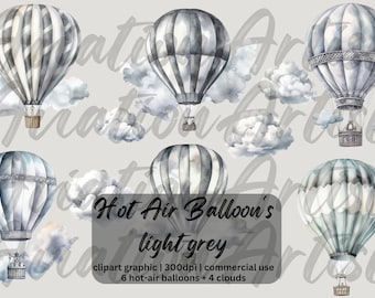 Watercolor hot air balloons clipart, it's a boy png, Balloons nursery decor, baby shower, nursery wall decor, baby boy grey digital download