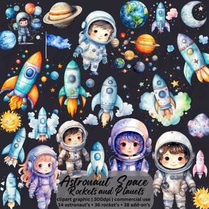 Clipart astronauta, clipart spazio acquerello, simpatico astronauta png, pianeti png razzi PNG, carino spazio clipart, spazio esterno, invito astronauta