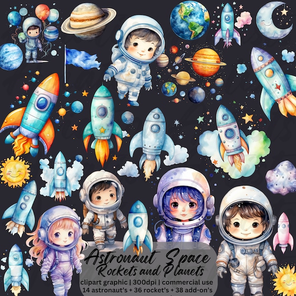 Astronaut clipart, Watercolor Space clipart, cute astronaut png, planets png rockets PNG, Cute Space Clipart, Outer Space, Astronaut invite