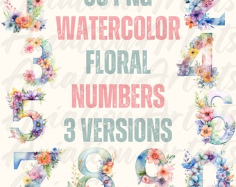 Numeri floreali dell'acquerello 30 lettere, numeri floreali dell'acquerello png, clipart di numeri floreali, grafica dei numeri, scrapbooking di nozze pastello