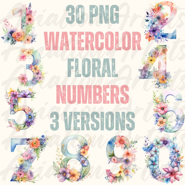 Numeri floreali dell'acquerello 30 lettere, numeri floreali dell'acquerello png, clipart di numeri floreali, grafica dei numeri, scrapbooking di nozze pastello