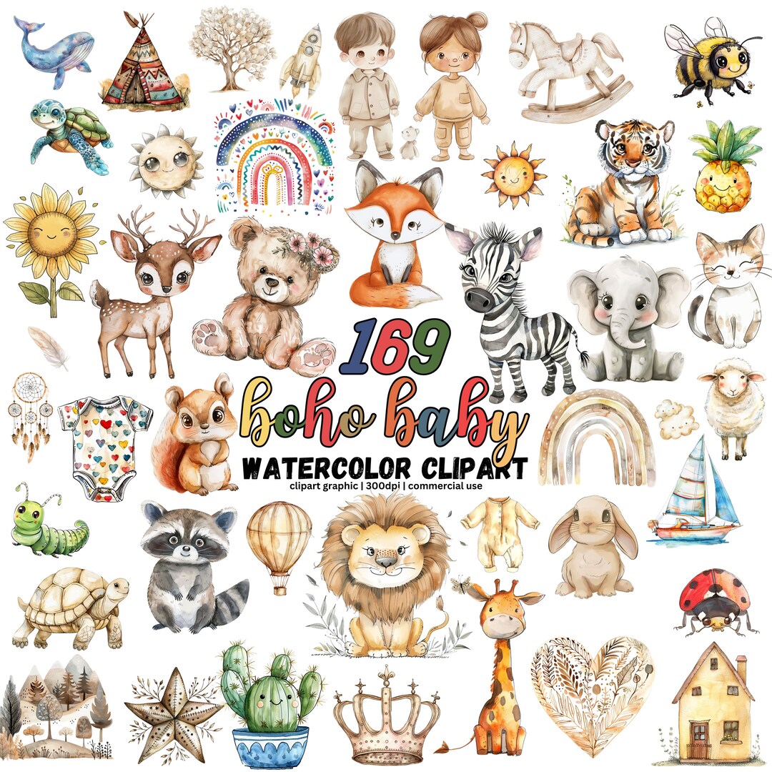 Boho Baby Clipart, Cute Boho Doodle Clipart Bundle, Boho Nursery Animal ...