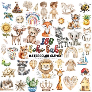 Boho Baby Clipart, Pacote Fofo Boho Doodle Clipart, Boho Nursery Animal Clipart, Baby Shower Clipart, Boho Rainbow PNG, Animais Da Floresta PNG