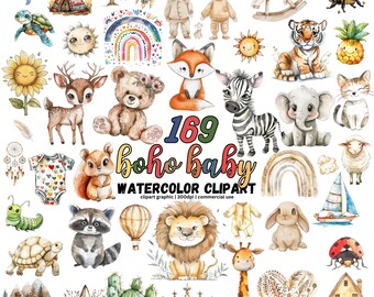 Boho Baby Clipart, süßes Boho Doodle Clipart Bundle, Boho Kindergarten Tier Clipart, Babyparty Clipart, Boho Regenbogen PNG, Waldtiere PNG