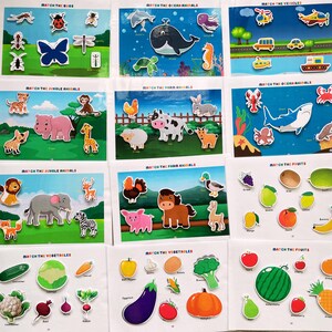 May include: Nine colorful cards with various matching games for children. Each card features a different theme, such as bugs, ocean animals, vehicles, farm animals, jungle animals, fruits, and vegetables. The cards are printed with bright colors and clear images.