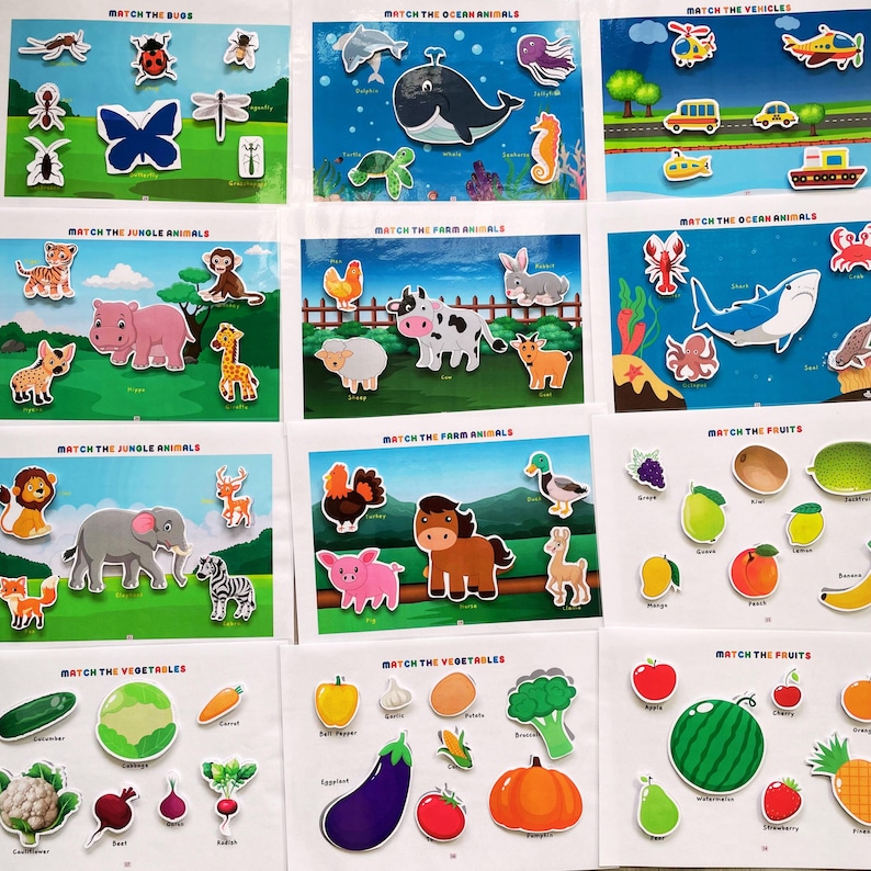 May include: Nine colorful cards with various matching games for children. Each card features a different theme, such as bugs, ocean animals, vehicles, farm animals, jungle animals, fruits, and vegetables. The cards are printed with bright colors and clear images.