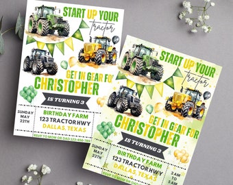2x Watercolor Tractor Birthday Invitation Template Farm Theme Invitation Card Kids Birthday Party Invitation Farm Ranch Editable Print 5x7