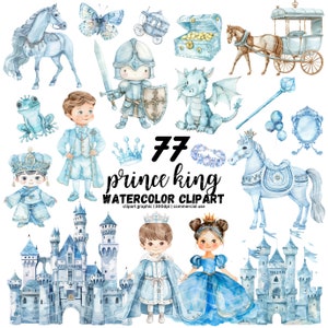 Blauer Prinz Clipart Bundle, König Schloss Clipart Kleines Königreich, kleiner König PNG Drachen Clipart, süßer Prinz Ritter PNG blaue Prinzessin
