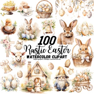 Aquarell Ostern Clipart Bundle, Osterhase, Osterei, Osterkorb PNG, Boho Ostern PNG, Lamm, Tulpe Clipart beige Ostern Clipart 100