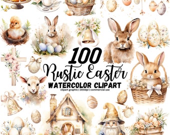 May include: A set of 100 watercolor clipart images featuring rustic Easter themes. The images include bunnies, eggs, flowers, a gnome, a house, a cross, a lamb, and a bell. The images are perfect for creating Easter cards, invitations, and other crafts.