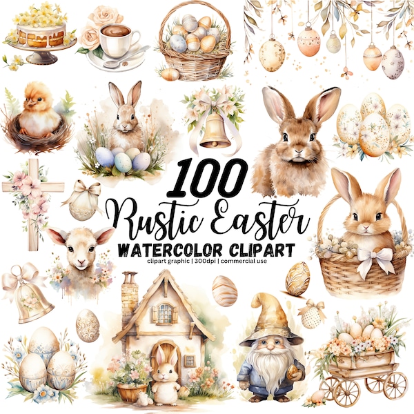 Aquarell Ostern Clipart Bundle, Osterhase, Osterei, Osterkorb PNG, Boho Ostern PNG, Lamm, Tulpe Clipart beige Ostern Clipart 100