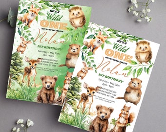 2 convites de aniversário para animais da floresta Convite de aniversário para animais da floresta, convite de primeiro aniversário para animais da floresta da floresta Wild One Woodland editável
