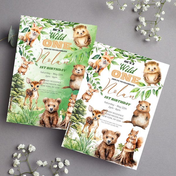 2x Woodland Birthday Invitation Woodland Animals Birthday invite, 1st Birthday Invitation Woodland Forest Animals Wild One Woodland editable