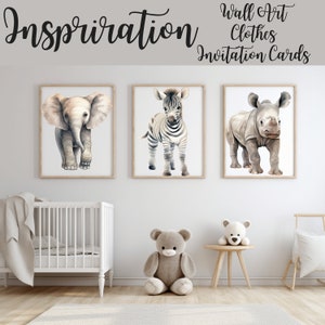 May include: Three framed watercolor illustrations of baby animals: an elephant, a zebra, and a rhinoceros. The illustrations are in a nursery setting with a white crib, a teddy bear, and a small table with a teddy bear on it.