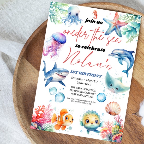 2x Oneder the Sea, Under the Water Under the Sea Birthday Invitation, Sea Animals 1st Birthday Invite Ocean Animals Invitation Undersea edit