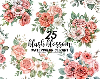 Blossom Floral Clipart, Blush Floral Watercolor Clipart, Dusty Rose Clipart, Floral Arrangements, Wedding Clipart Bundle, Blush Flowers PNG
