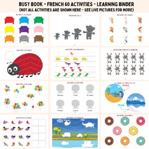 May include: A colorful busy book with 60 activities in French. The book includes activities like matching colors, counting objects, and associating emotions. The book is designed for children to learn and have fun.