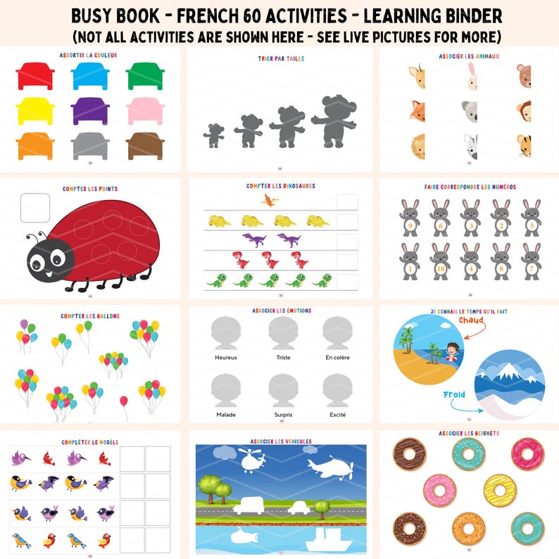 May include: A colorful busy book with 60 activities in French. The book includes activities like matching colors, counting objects, and associating emotions. The book is designed for children to learn and have fun.