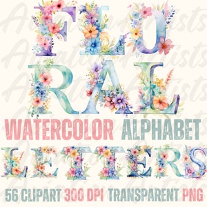 Alphabet aquarelle florale 52 lettres, Alphabet aquarelle png, lettres florales Clipart, lettrage pastel, scrapbooking de chambre de bébé de mariage