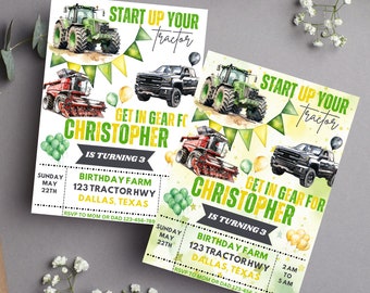 May include: A green and yellow tractor birthday invitation for a boy named Christopher turning 3. The invitation features a tractor, a combine harvester, and a pickup truck. The text reads "Start Up Your Tractor, Get in Gear for Christopher is Turning 3, Birthday Farm, 123 Tractor Hwy, Dallas, Texas, RSVP to Mom or Dad 123-456-789".