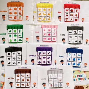 May include: Color sorting activity cards for kids. Each card features a color name, a jar with a lid, and a grid of 16 squares. Each square contains a different image. The colors include orange, green, black, brown, yellow, pink, purple, blue, red, gray, and white.