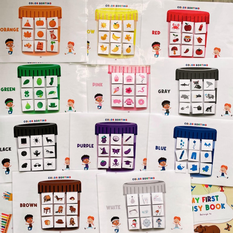 May include: Color sorting activity cards for kids. Each card features a color name, a jar with a lid, and a grid of 16 squares. Each square contains a different image. The colors include orange, green, black, brown, yellow, pink, purple, blue, red, gray, and white.