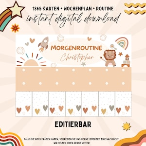 Puede incluir: Una descarga digital imprimible para una tabla de rutina matutina con un le&oacute;n, un cohete, un arco&iacute;ris y un sol. La tabla es editable y dice "Morgenroutine Christopher" en la parte superior.
