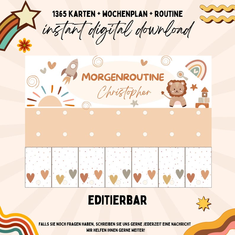 Puede incluir: Una descarga digital imprimible para una tabla de rutina matutina con un le&oacute;n, un cohete, un arco&iacute;ris y un sol. La tabla es editable y dice "Morgenroutine Christopher" en la parte superior.