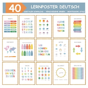 40 Deutsche Lernposter, Montessori Lernposter Set, Lernposter Kinderzimmer, Kinderzimmer Poster A3, Klassenzimmer Poster, Lernposter digital