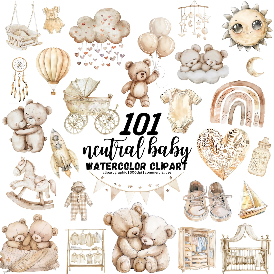 Gender Neutral Baby Shower Clipart, Boho Baby Clipart, Teddy Bear ...