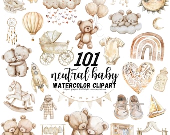 Gender Neutral Baby Shower Clipart, Boho Baby Clipart, Teddy Bear Clipart, Nursery Clipart, Teddy Bear PNG, Moon, Stars, Clouds Boho Rainbow