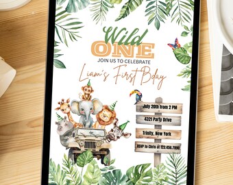 May include: A digital invitation for a first birthday party with a jungle theme. The invitation features a watercolor illustration of a jeep with animals, including a lion, elephant, giraffe, zebra, and monkey. The text reads "Wild One" and "Liam's First Birthday". The invitation also includes the date, time, address, and RSVP information.