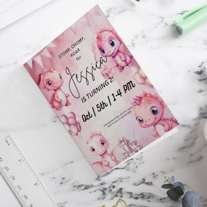 two Watercolor Dinosaur Birthday Invitation Template pink Dinosaur Invitation Card Kids Birthday Party Invitation three rex two rex Editable
