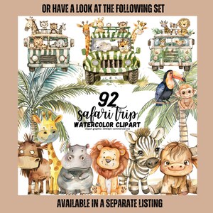 May include: A set of 92 watercolor safari animal clipart images. The images include a variety of animals, such as giraffes, zebras, lions, hippos, monkeys, and toucans. The animals are depicted in a cartoon style and are perfect for use in a variety of projects, such as invitations, cards, and scrapbook pages.