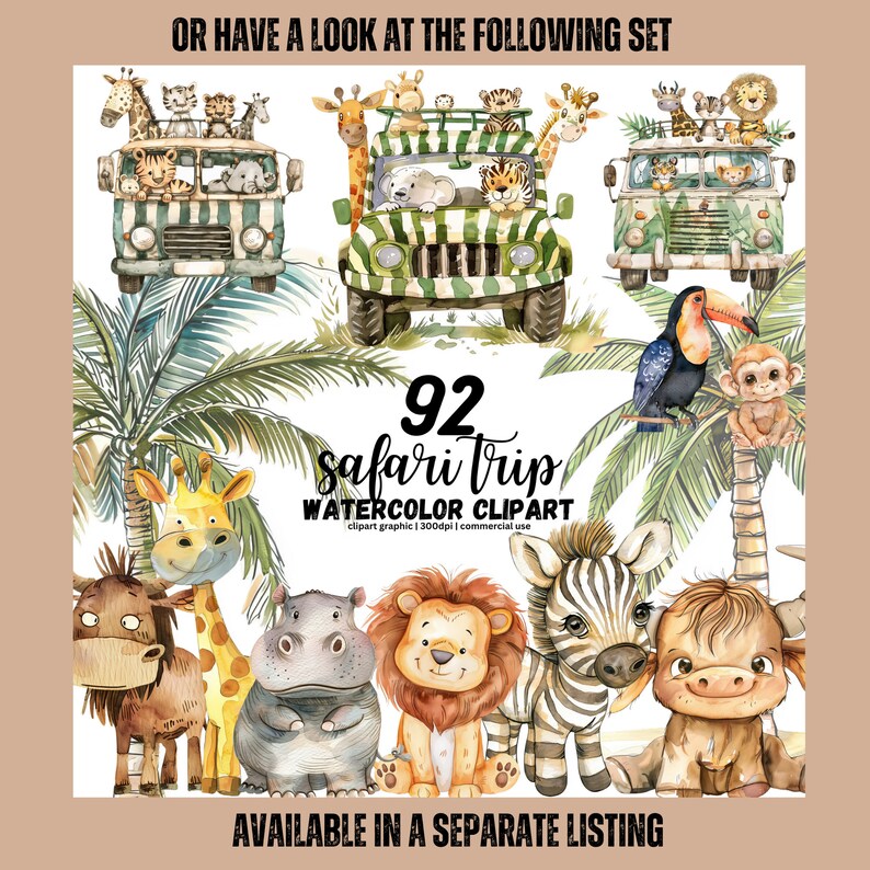 May include: A set of 92 watercolor safari animal clipart images. The images include a variety of animals, such as giraffes, zebras, lions, hippos, monkeys, and toucans. The animals are depicted in a cartoon style and are perfect for use in a variety of projects, such as invitations, cards, and scrapbook pages.
