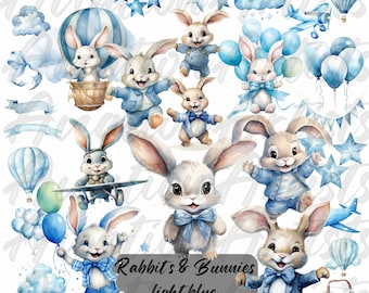 Watercolor Bunnies Clipart, Bunny png Rabbit png, baby bunny clipart, watercolor nursery art, woodland animals png, boy baby shower clipart
