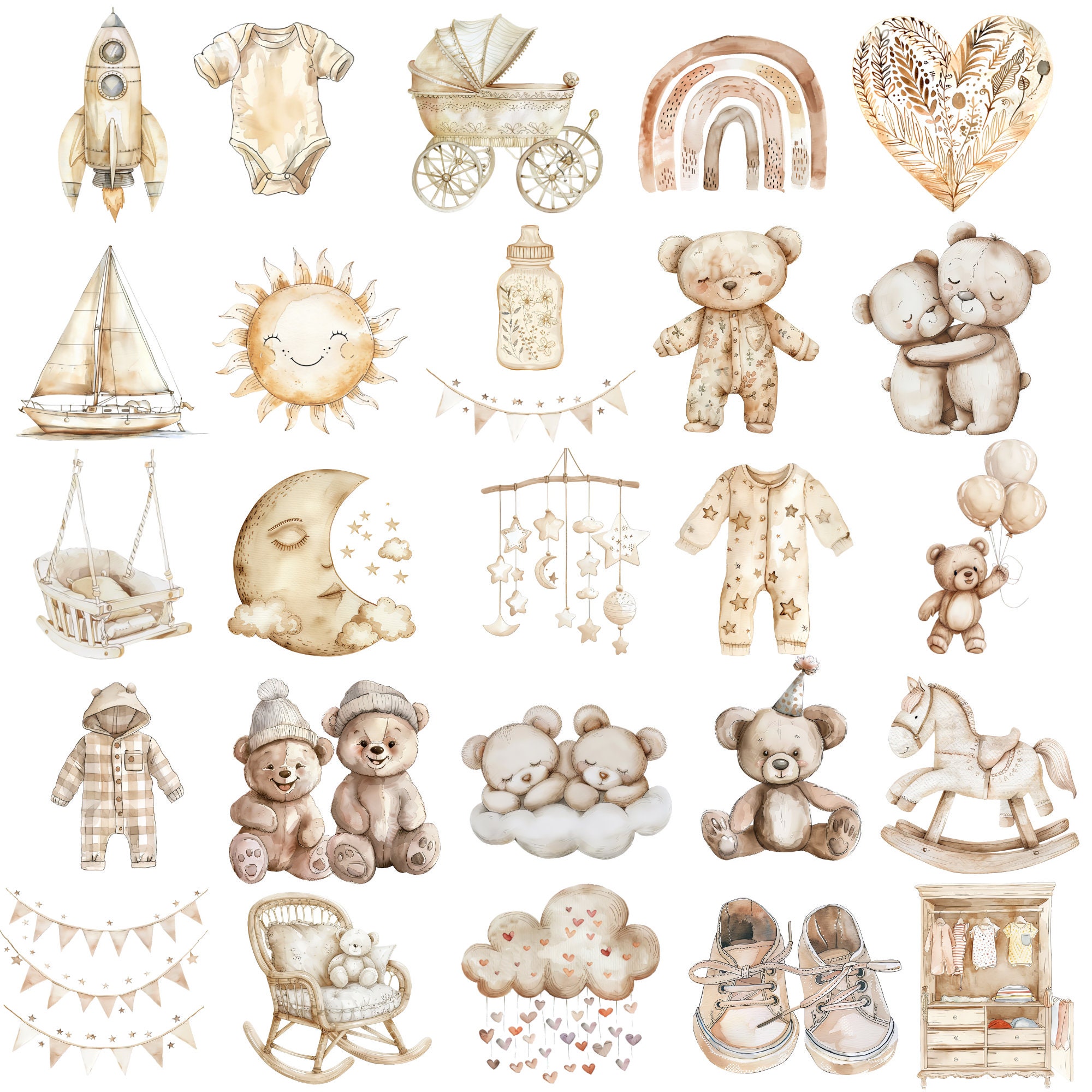 Gender Neutral Baby Shower Clipart, Boho Baby Clipart, Teddy Bear ...