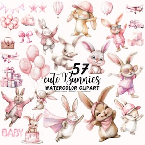 Niedliches Aquarell Häschen Clipart, Rosa Häschen PNG, Boho Häschen Clipart, Rosa Häschen-Baby-Dusche, Häschen Geburtstag Clipart, Osterhase, Baby-Kaninchen