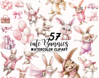 Cute Watercolor Bunny Clipart, Pink Bunny PNG, Boho Bunny Clipart, Pink Bunny Baby Shower, Bunny Birthday Clipart, Easter Bunny, baby rabbit