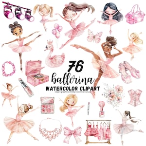 Clipart di ballerina dell’acquerello, piccola ballerina, clipart del lago dei cigni, PNG ballerina rosa, clipart studio di balletto, fiori rosa, ballerine carine