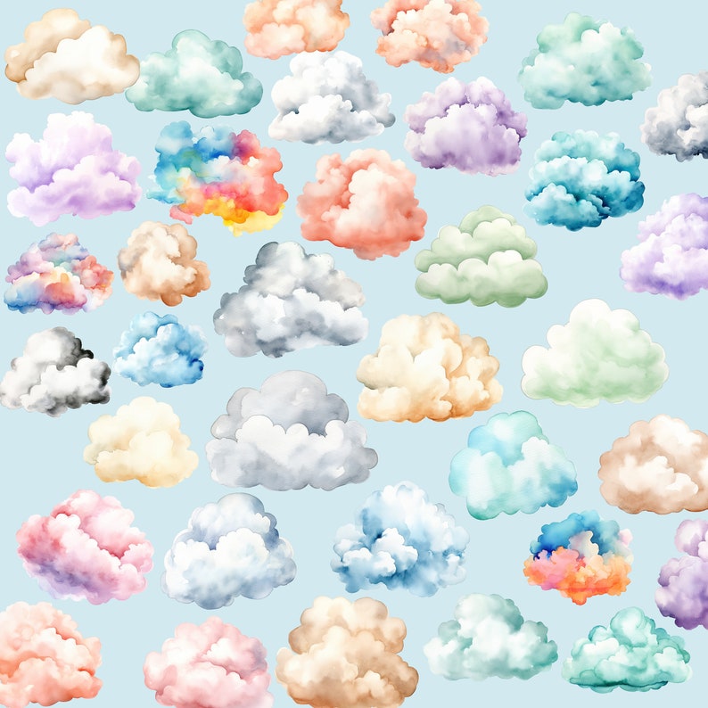 May include: A collection of watercolor clouds in various colors, including pink, blue, green, yellow, and gray. The clouds are painted in a soft, whimsical style and are perfect for adding a touch of whimsy to any project.