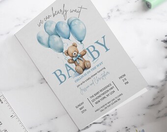Watercolor Blue Teddy Bear Balloon Boho Blue Bear We Can Bearly Wait Baby Shower Welcome Sign Decor Teddy Birthday Invitation Card Template