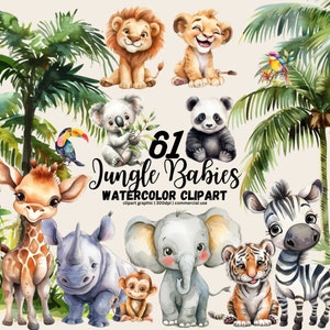 Cute Jungle Animals Clipart, Safari Baby Animal PNG, Watercolor Animal Clipart, Baby Shower Clipart, Lion Tiger Zebra Girrafe, Cute Safari