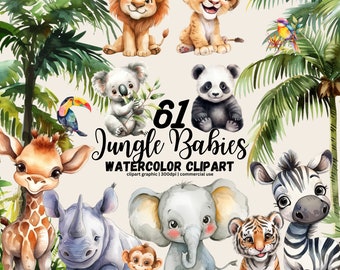 Cute Jungle Animals Clipart, Safari Baby Animal PNG, Watercolor Animal Clipart, Baby Shower Clipart, Lion Tiger Zebra Girrafe, Cute Safari